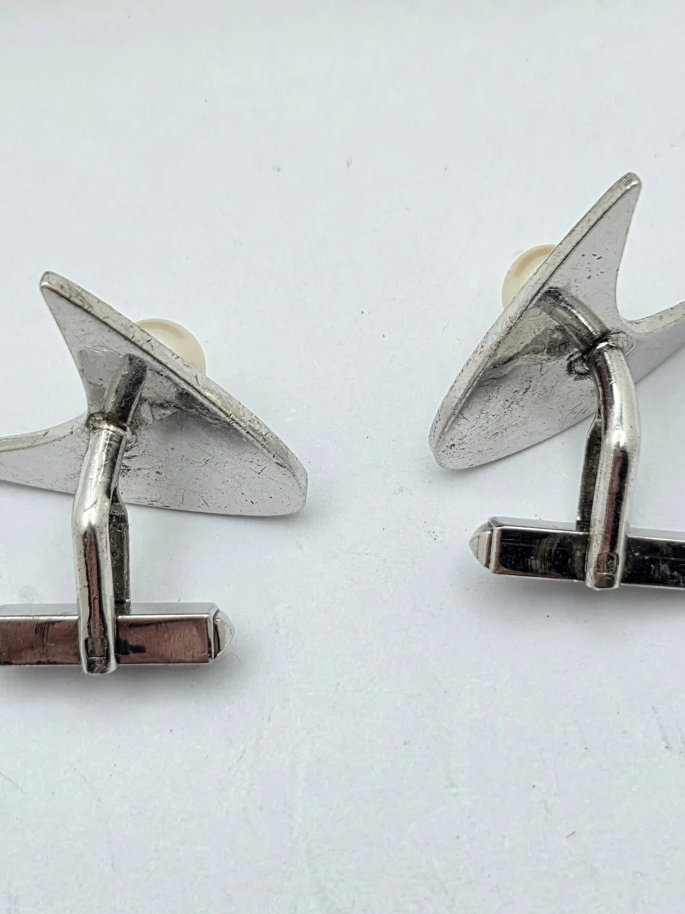 Vintage Sterling Silver Pearl Atomic Age Boomerang Cufflinks MCM